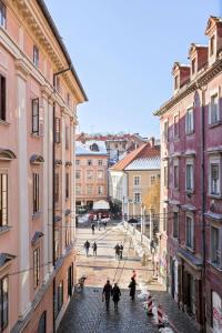 a group of people walking down a street between buildings at MARIANNA'S OLD TOWN RESIDENCE in Ljubljana