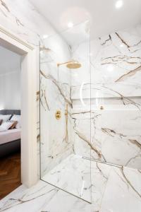 a bathroom with a marble shower with a glass door at MARIANNA'S OLD TOWN RESIDENCE in Ljubljana