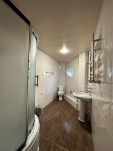 a small bathroom with a sink and a toilet at Guest House - Tbilisi Center in Tbilisi City