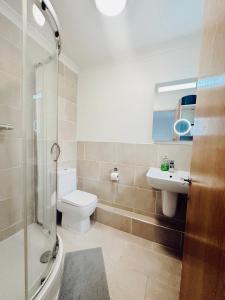 y baño con aseo, lavabo y ducha. en Specious en-suite room - a cosy homestay close to Tower Bridge, en Londres