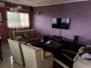 a living room with two chairs and a flat screen tv at Berakah cozy Rentals in Freetown