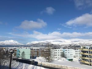 uma vista para uma cidade com montanhas cobertas de neve em Your home away from home, apartment 1 em Tromsø