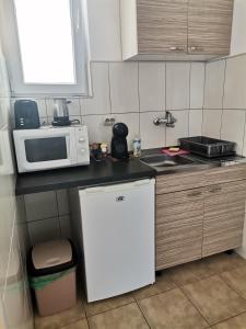 a kitchen with a white microwave and a refrigerator at Apartments Krste in Trpejca