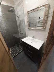 a bathroom with a sink and a shower and a mirror at Le studio D'auguste- Cœur de Nîmes-chaleureux-emplacement idéal in Nîmes