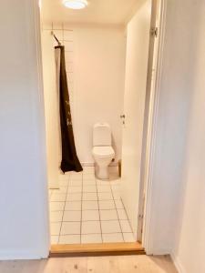 uma casa de banho branca com um WC num quarto em 5 minute walk to LEGO House - 50m2 apartment with garden / A unit em Billund