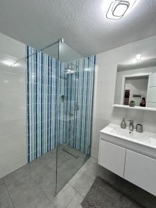 uma casa de banho com um chuveiro e um lavatório. em Apartma Tayana Piran - "Epicentre Old Town" em Piran