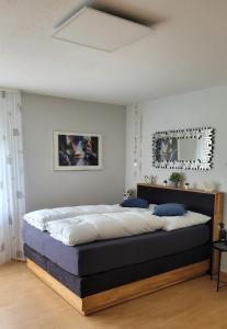 a bedroom with a large bed with blue pillows at Ihr Bett mit Blick auf die Weinberge in Bad Dürkheim