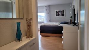 Schlafzimmer mit einem Bett und einem Schreibtisch mit einem Spiegel in der Unterkunft Ihr Bett mit Blick auf die Weinberge in Bad Dürkheim