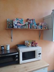 a microwave oven sitting on a counter with food on a shelf at LoftCamp Großmann in Alter Graben