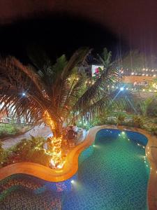 a view of a pool at night with a palm tree at Rosa Garden in Ninh Binh