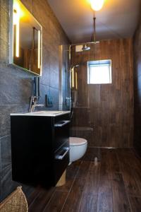 uma casa de banho com um lavatório, um WC e um espelho. em Akureyri Hostel em Akureyri