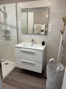 a bathroom with a white sink and a shower at Ty Cairn classé 3 étoiles in Paimpol