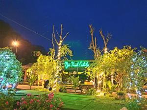 un edificio decorado con luces de Navidad por la noche en Ngòi Xanh Ecolodge (Bungalow - Restaurant - Coffee), en Tuyên Quang