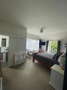 1 dormitorio con cama, escritorio y lavamanos en Bavaria Boutique Hotel en Auckland