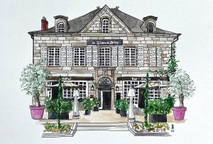 dessin d'un bâtiment avec des plantes devant lui dans l'établissement Hôtel La Réserve de Brive, à Brive-la-Gaillarde