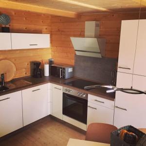 a kitchen with white cabinets and a microwave at Lodge-Altjeßnitz-Goitzsche 