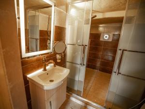 a bathroom with a sink and a shower at Jordan Heritage Madhafa in Al Salt