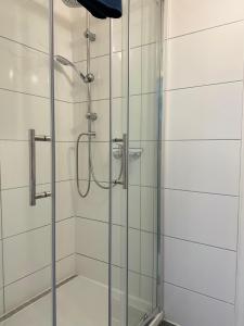 a shower with a glass door in a bathroom at Einfaches Appartement "Daniel" in Halle in Kröllwitz