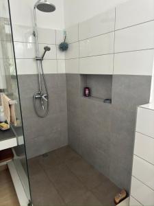 a shower with a glass door in a bathroom at Beach front apartment in Grand Gaube