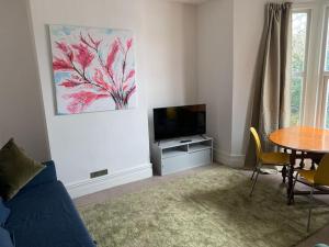 a living room with a couch and a tv and a table at Central 2 bed flat. Free parking (Off-street) in Bristol