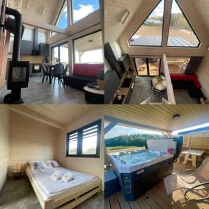 Postel nebo postele na pokoji v ubytování Osada Skoczkowo komfortowe domki z jacuzzi nad jeziorem- sauna- balia- prywatny staw wędkarski