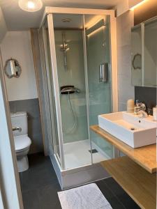 een badkamer met een douche, een wastafel en een toilet bij Chambres avec Vue in Saint-Valery-sur-Somme