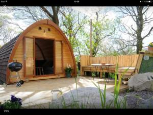 uma pequena casa de madeira com uma mesa e um grelhador em South Kerry Glamping em Cahersiveen