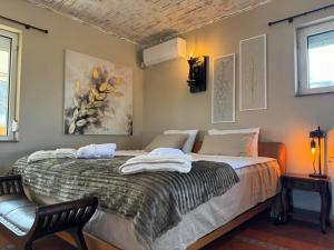 a bedroom with a bed with a chair and a painting at Villa Boyana City & Relax in Sofia