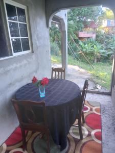 uma mesa azul com um vaso de flores em Barracuda beach em Port Antonio