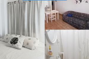 two pictures of a bedroom with a bed and a living room at Departamento parque San Martín in San Salvador de Jujuy