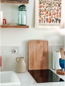 - un comptoir de cuisine avec une planche de coupe et un évier dans l'établissement Gite à la campagne à Dijon avec jardin, à Velars-sur-Ouche