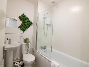 uma casa de banho com um WC, um chuveiro e um lavatório. em Pass the Keys Modern Apartment in the Heart of Newcastle em Newcastle upon Tyne