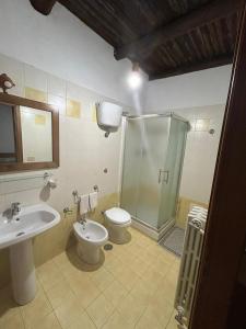 e bagno con doccia, servizi igienici e lavandino. di Agriturismo Macchiapiede a Sala Consilina