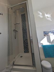 a shower with a glass door in a bathroom at Pool Farm in Redditch
