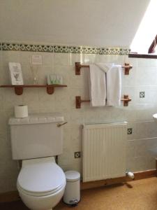 a bathroom with a toilet and towels and a radiator at Darroch View B&B in Invermoriston