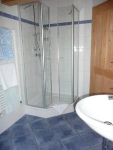 a bathroom with a shower and a sink at Landhaus Caesar - Hotel Garni in Bad Heilbrunn