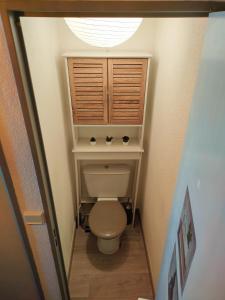 ein Badezimmer mit einem WC und einem Holzschrank in der Unterkunft L Or des sables, la Petite Motte, residence avec piscine in La Grande-Motte