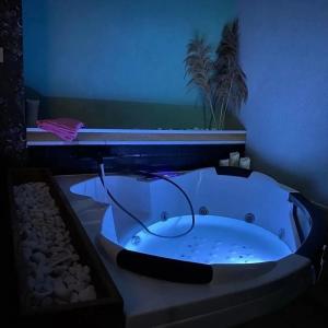 a bathroom with a bath tub in a blue room at ON TOP Central Villa in Kruševo