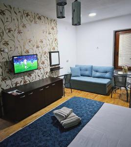 a living room with a couch and a tv at ON TOP Central Villa in Kruševo