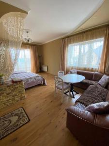 ein Wohnzimmer mit einem Sofa und einem Tisch in der Unterkunft Готель Алекс in Luzk