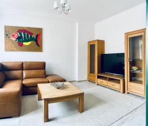 a living room with a couch and a tv at CARLA comfort stay with 2 bathrooms in Košice