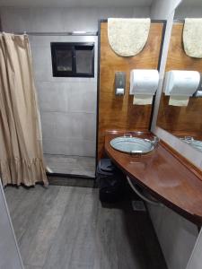 La salle de bains est pourvue d'un lavabo et d'une douche. dans l'établissement Escala Ezeiza Loft con desayuno, à Luis Guillón