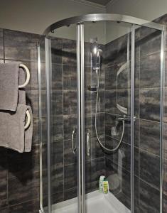 uma casa de banho com um chuveiro e uma banheira em Muzeja apartamenti em Riga