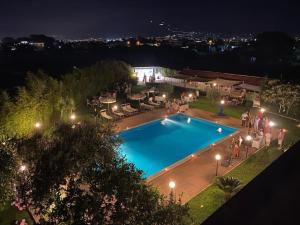 een groep mensen die 's nachts rond een zwembad staan bij Pompei Garden House in Scafati