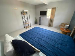 Schlafzimmer mit einem Bett mit blauer Decke in der Unterkunft Habitación cerca del aeropuerto #2 in La Paz
