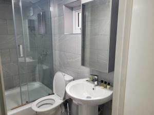 倫敦的住宿－Lovely 2-Bed fully refurbished House in London，浴室配有卫生间、盥洗盆和淋浴。