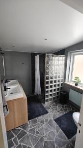 a bathroom with a sink and a toilet and a window at Apartment in Hovborg