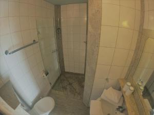 Landhaus Aflenz في Aflenz Kurort: حمام مع دش مع مرحاض ومغسلة