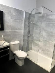 een badkamer met een toilet en een glazen douche bij Studio privé et jardin in Marseille