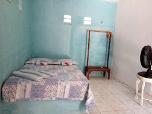 een blauwe slaapkamer met een bed en een spiegel bij Casa Azul in Cascavel